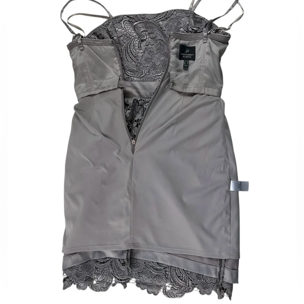 Adrianna Papell Gray Strapless Lace Lined Peplum Dress Size 4 Romantic Feminine